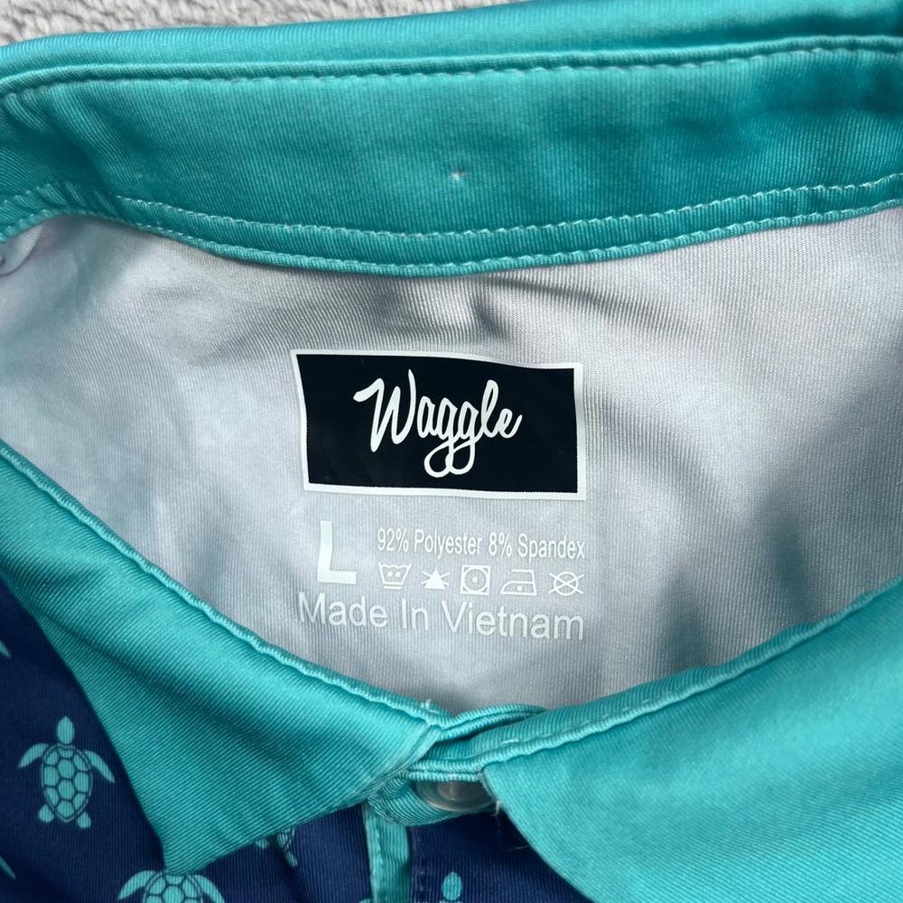 Waggle Golf Polo Shirt Mens Large Blue Teal Sea Turtle Print Performance Stretch - Picture 2 of 8